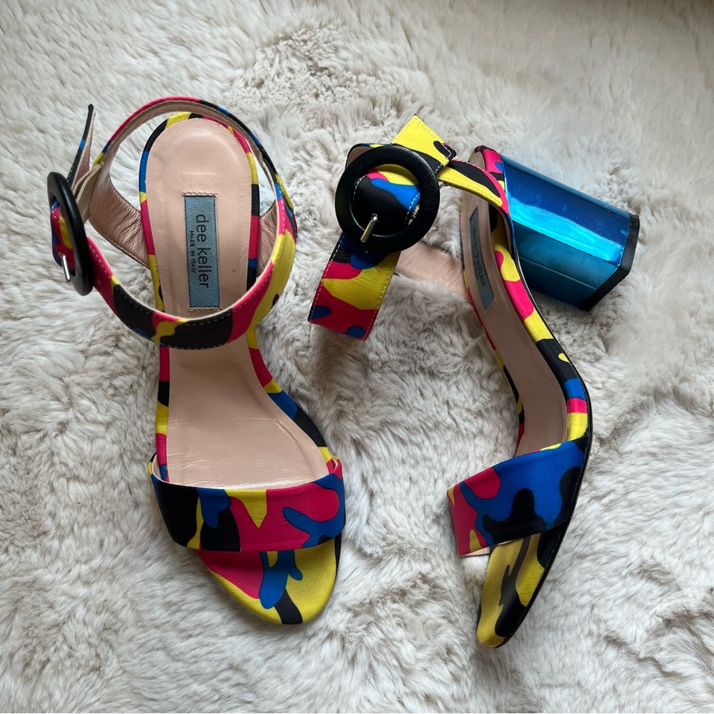 Dee Keller Laura Lauren Camo Multi Color Sandals Mirrored Heels EU Size 37